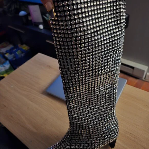 🍒NIB🍒 Jeffrey Campbell Crystal-Studded Black Suede Outwest-KJ Boots, Size 9 - Picture 12 of 16